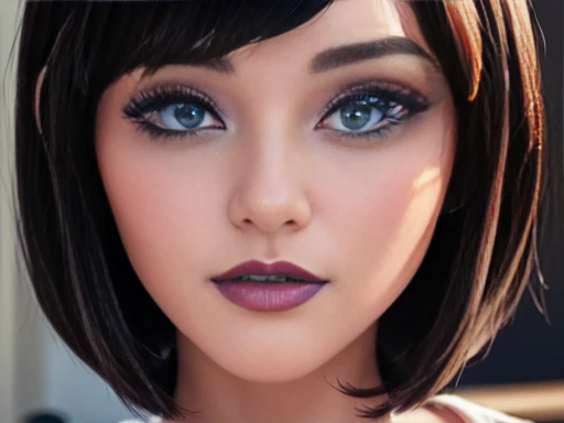 ((Best Quality)), ((masterpiece)), (detailed), perfect face,  blue eyes, cabello negro corto con flequillo estilo bob labios voluminosos nariz respingada belleza extraordinaria y muy detailed 