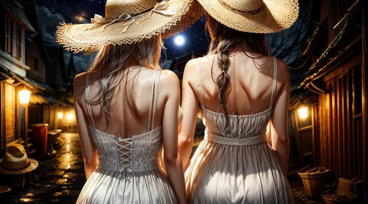 night、Horror、Sleeveless white dress、Straw hat、One Woman、Back view