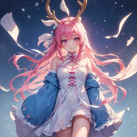 Sky Blue Medium Hair, (Braided Hair),(Pink Eyes),Fair skin ,(whole body),(1 girl)、Christmas、Reindeer costume、Straight bangs,(masterpiece, Highest quality, Very detailed, Best Shadow), (Detailed Background), (Beautifully detailed face), High Contrast, (Best...