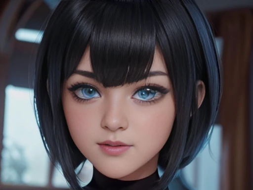 ((Best Quality)), ((masterpiece)), (detailed), perfect face,  blue eyes, cabello negro corto con flequillo estilo bob labios voluminosos nariz respingada belleza extraordinaria y muy detailed 