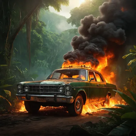 A car in flames surrounded by jungle and forest and slaves
￼