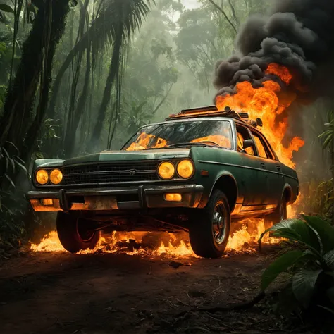 A car in flames surrounded by jungle and forest and slaves
￼