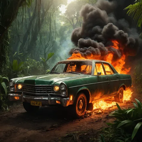 A car in flames surrounded by jungle and forest and slaves
￼