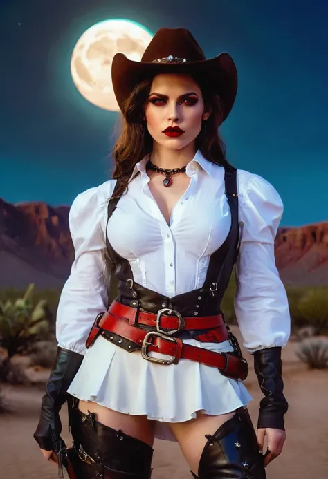 (19th century photograph style picture: 1.3) of a female vampire cowboy in the desert night, a goth beauty, exquisite beautiful female vampire, ((anatomically correct: 1.5), (ultra detailed face: 1.2), best detailed face, red glowing eyes, full body, busty...