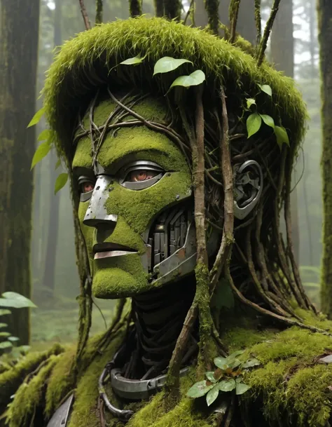 A wild robot covered head to toe in moss leaves and sticks. Face consists of woven vines.dirty metal.