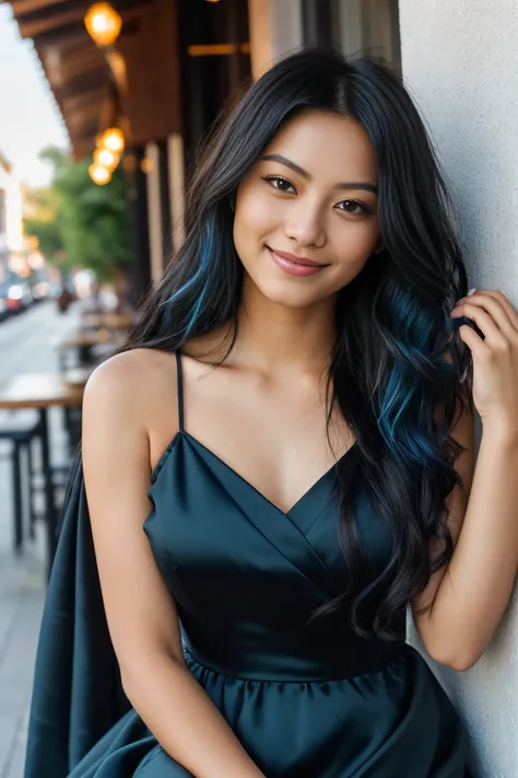  arafed woman with long black hair with deep blue highlights in a cafe, flowing black hair, with black hair, photo of a beautiful woman, long flowing black hair, black golden hair, curly black hair, beautiful young asian woman, beautiful asian woman, wild ...