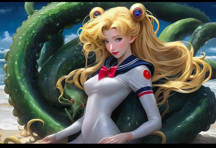 (A hyper realistic Sailor Moon (portrayed by cate Blanchett, age 25, golden hair let down waist length, torn clothing) is on a moonlit beach, struggling, tentacle sex, anal sex, tentacles restrain her arms and legs, tentacles tear at her clothes (demonic t...