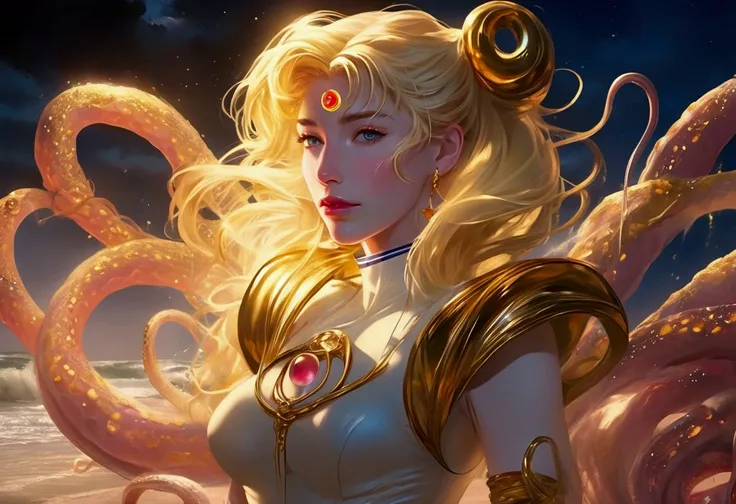 (A hyper realistic Sailor Moon (portrayed by cate Blanchett, age 25, golden hair let down waist length, torn clothing) is on a moonlit beach, struggling, tentacle sex, anal sex, tentacles restrain her arms and legs, tentacles tear at her clothes (demonic t...