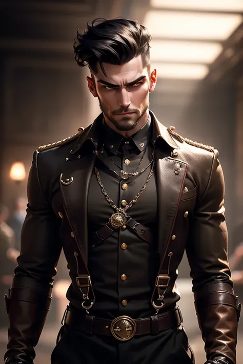 a thin muscular tall man with a pompadour undercut haircut, short mutton chops beard, no mustache, wearing a burgundy shirt with leather suspenders, black military pants, bright golden eyes, left arm with tattoos, rings on his hands, sensual gaze, (best qu...