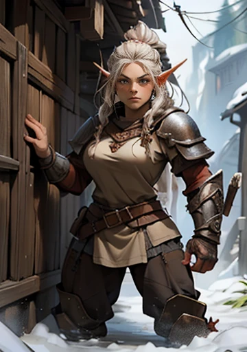 a painting of a powerful and muscular 19-year-old mountain dwarf,50 tall with 70 kilos in bearskin armor that only covers her breasts, she only wears pants that barely cover her powerful muscular thighs, she wears furry leather boots, holding a large and p...