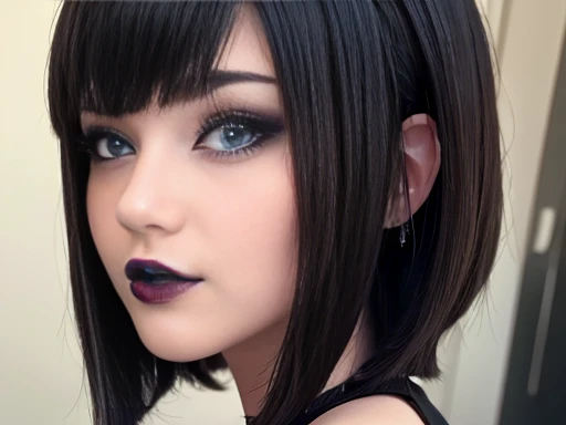 ((Best Quality)), ((masterpiece)), (detailed), perfect face,  blue eyes, cabello negro corto con flequillo estilo bob labios voluminosos nariz respingada belleza extraordinaria y muy detailed ,black makeup, dark lipstick 