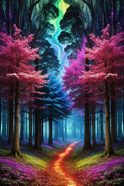 ((best quality)), ((masterpiece)), (detailed), a not very dense forest, (((Psychedelic and Surreal Effects))), fire and smoke,