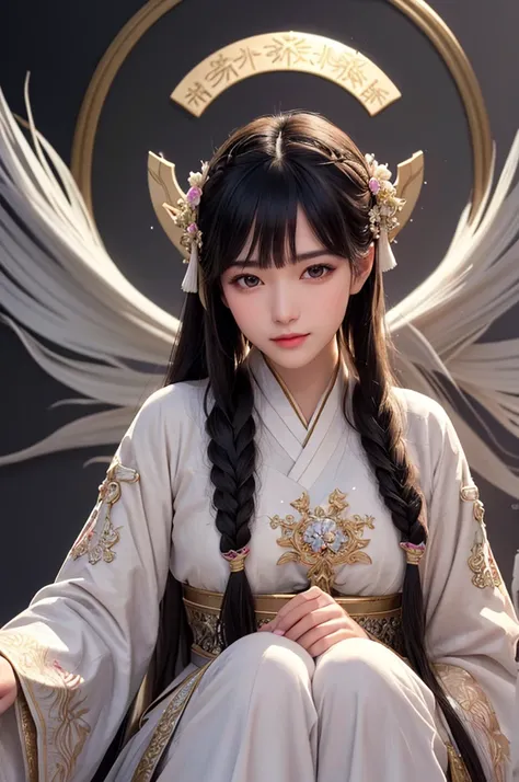 close up on face， Ultra-fine face，femele， China-style， Ancient wind，Hanfu， Sit Pose， long whitr hair， Delicate clothing patterns， ellegance， opulent， ellegance， ssmile，Skysky， Ribbons，Sense of brokenness， ruri， Buble， Double up braid， Hairline， slanted ban...