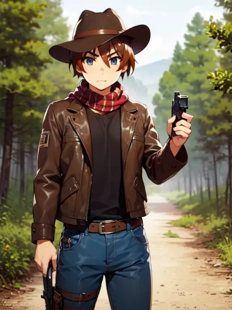 (Ultra-high resolution), (masterpiece), (Attention to detail), (high quality), (最high quality), One Man, (Keiichi_Maehara), Brown Hair, blue eyes, Western Cowboy, Cowboy hat, leather jacket, scarf, Denim pants, boots, belt, holster, revolver, Showdown scen...