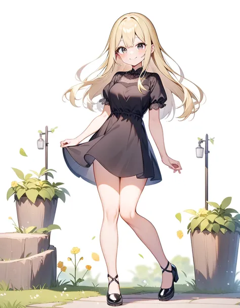 short stature, girl, smile, blonde hair, loose, long hair, black eyes, dress, Short sleeves, Short skirt, фиолетовое dress, White background, full height, black shoes, medium breast