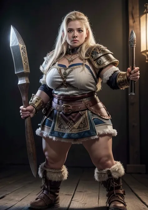 a painting of a powerful mountain dwarf holding a combat hammer, in bearskin armor covering his breastplate, she only wears pants that cover her powerful muscular thighs, she wears furry leather boots, holding a large War Hammer, dwarf warrior woman, a bea...