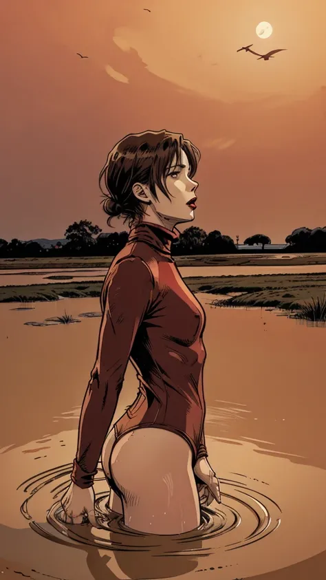 vector image, anime, mature  woman, gloomy orgasm, turtleneck, drowning in the middle of quicksand bog,red,sky, red lips, turns around, from side view, sinking torso deep, deep in quicksand