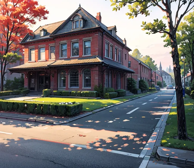 On the right side and old English style mansion building with red bricks that is now a library. Beautiful Victorian architecture. On the other side of the road there is a coffee house.There is a road with few cars parked and coffee house has some people. E...