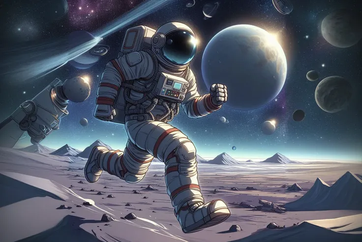 an astronaut on an unknown planet running in anime style