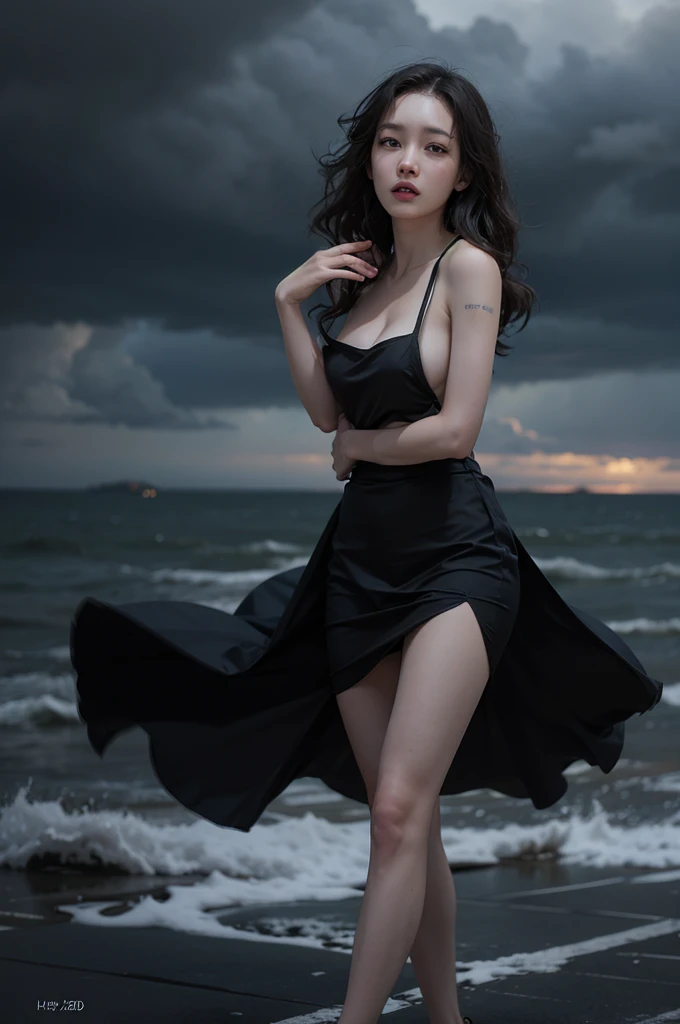 Imagine a girl standing on a vast plain.,Her face was emotionless,Under dark skies, I peer into the storm-filled horizon. The strong wind made her hair dance wildly.,Adding dynamism to a gloomy scene. The distant storm seems to reflect the turmoil in her m...