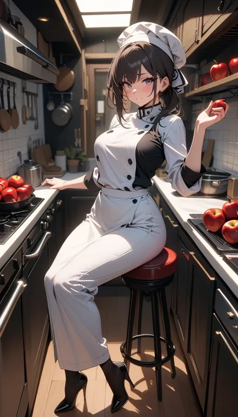 ((best quality)) , ((masterpiece)) , (detailed)，1 female，A kitchen full of apples，Female chef，High heel，((whole body))