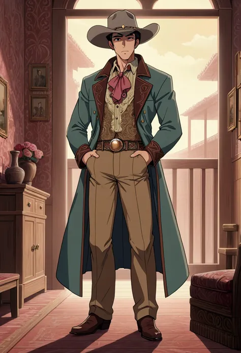 (Western Cowboy with hat), 1990s anime, retro fashion, muted pastel colors, cozy atmosphere, detailed facial features, full body, award-winning, cinematic still, emotional, vignette, dynamic, vivid, (masterpiece, best quality, Professional, perfect composi...