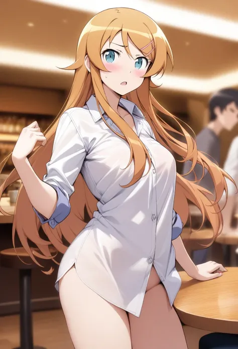 masterpiece, best quality, very aesthetic, absurdres, 1girl, mature_lady,naked_shirt,,kousaka_kirino, ore no imouto ga konna ni kawaii wake ga nai, orange hair|brown hair, long hair, floating hair, shiny hair, blue eyes|aqua eyes, pink hairclip, ,in a rest...