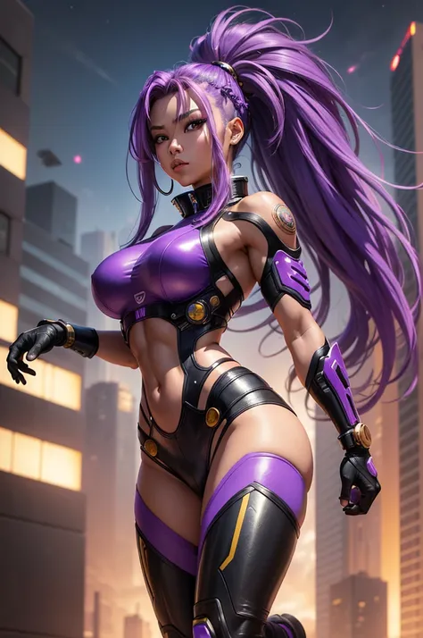 A beautiful, exuberant and very young cybernetic android warrior with black African and oriental Japanese and Chinese features, mixed with the clone of the Greek warrior goddess Athena, with super mega giant breasts, purple eyes, transformed into a super s...