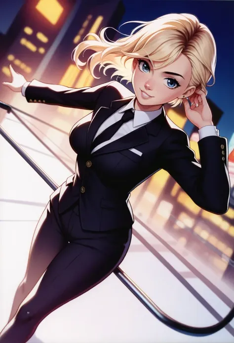 a vibrant manga style illustration of spidergwen wearing black suit on the edge of a skyscraper. lacey, best quality, high quali...