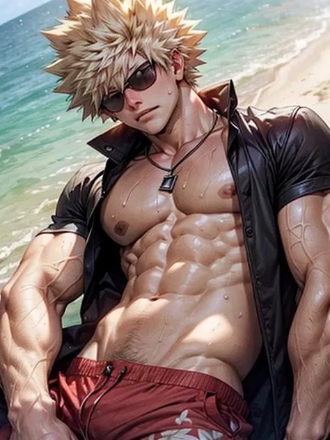 muscular fit Bakugou Katsuki on the beach with open shirt hawaiian shorts, bare chested sweating heavily. There are sunglasses on his handand,  necklace, from below, looking to the viewer