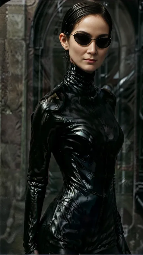 (Carrie-Ann Moss)(Trinity from The Matrix)short black hair,black (thin black sunglasses), gorgeous eyes, high arched eyebrows, seductive look,looking at viewer,big breasts,exposed cleavage,(black high gloss turtleneck vinyl jumpsuit:1.5), black leather pan...