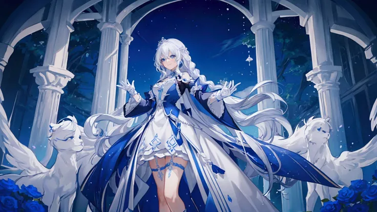 A woman with white hair and blue eyes、adult、Long, fluffy wavy hair、Braiding、Wearing hair ornaments、Smiling、Elegant and ladylike、Elegant、Princess、White gloves、Wearing a cape、White and blue dress、Wave pattern、Decorations such as roses and drops、The dress is ...