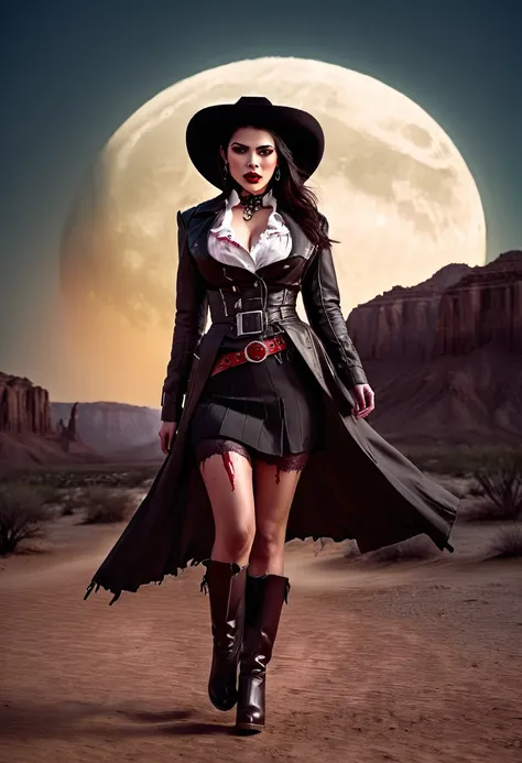 (19th century photograph style: 1.5) picture of a female vampire cowboy in the desert night, a goth beauty, exquisite beautiful female vampire, ((anatomically correct: 1.5), (ultra detailed face: 1.2), best detailed face, red glowing eyes, full body, busty...