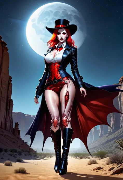 (19th century photograph style: 1.5) picture of a female vampire cowboy in the desert night, a goth beauty, exquisite beautiful female vampire, ((anatomically correct: 1.5), (ultra detailed face: 1.2), best detailed face, red glowing eyes, full body, busty...