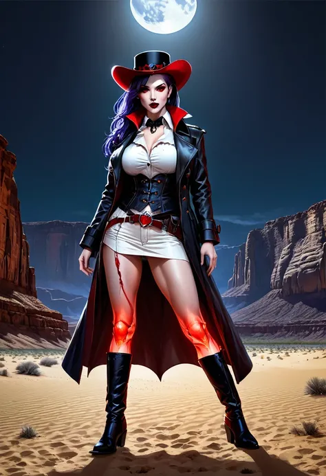 (19th century photograph style: 1.5) picture of a female vampire cowboy in the desert night, a goth beauty, exquisite beautiful female vampire, ((anatomically correct: 1.5), (ultra detailed face: 1.2), best detailed face, red glowing eyes, full body, busty...