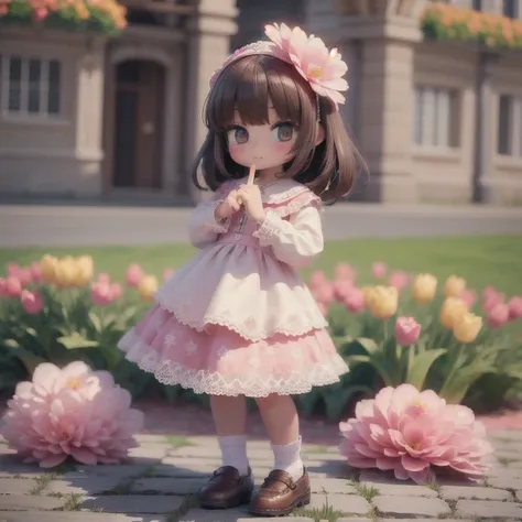 (masterpiece:1.2, ultra detailed,1.5, unity 8k wallpaper, detailed finger:1.2), tulips:1.5, girl, adorable, flower bed