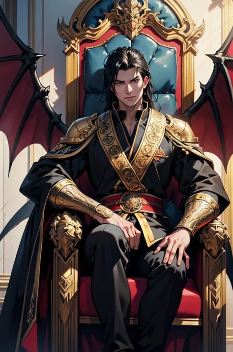 a black-haired blue-eyed young man sitting cross-legged on a golden throne, a large black dragon with smoking red wings surrounding the throne, intricate fantasy palace interior, dramatic lighting, cinematic composition, hyper detailed, 8k, photorealistic,...