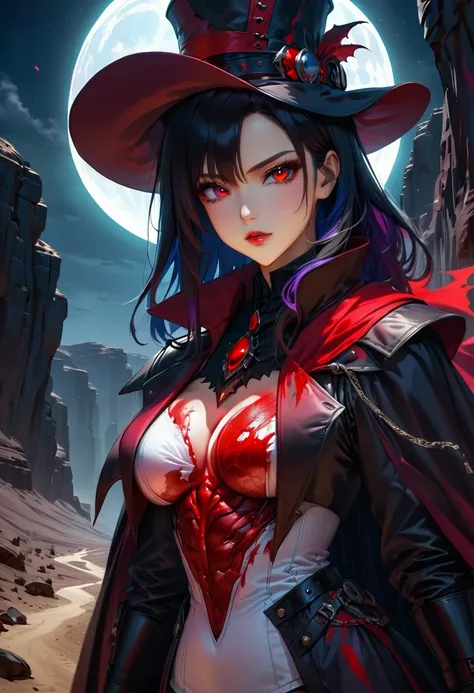 (19th century photograph style: 1.5) picture of a female vampire cowboy in the desert night, a goth beauty, exquisite beautiful female vampire, ((anatomically correct: 1.5), (ultra detailed face: 1.2), best detailed face, red glowing eyes, full body, busty...