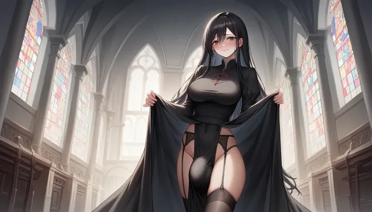 (extremely detailed CG unity 4k wallpaper),(masterpiece),(best quality),(ultra-detailed),(best illustration),(best shadow),(absurdres),(detailed background), black kimono, big bulge futanari, cumming under cloth, Detailed face, Detailed hair, Japanese, shy...