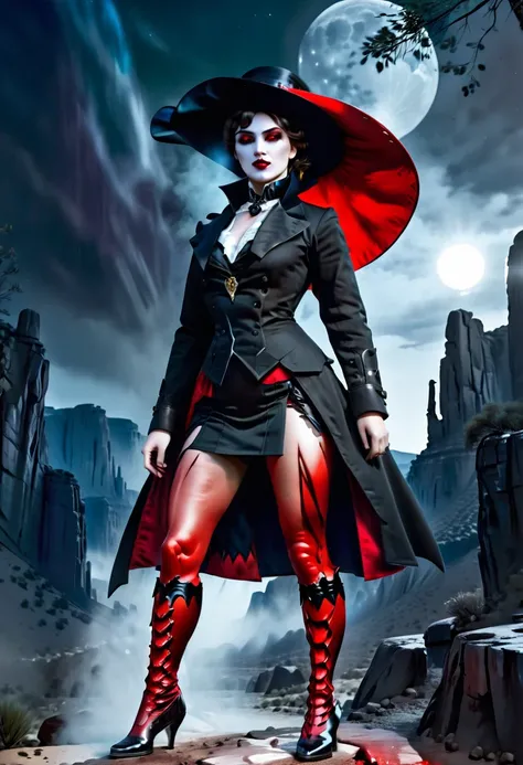 (Victorian photograph style: 1.5) picture of a female vampire cowboy in the desert night, a goth beauty, exquisite beautiful female vampire, ((anatomically correct: 1.5), (ultra detailed face: 1.2), best detailed face, red glowing eyes, full body, busty, w...