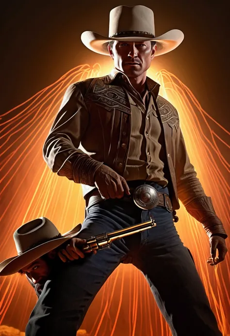 (Western Cowboy with hat), in the style of laser lighting, focused light beams, vibrant light patterns, laser lights, danger, pulp comics, pulp art, hyper-realistic manga style, lurid, magazine cover imagery, dynamic composition, full body, award-winning, ...