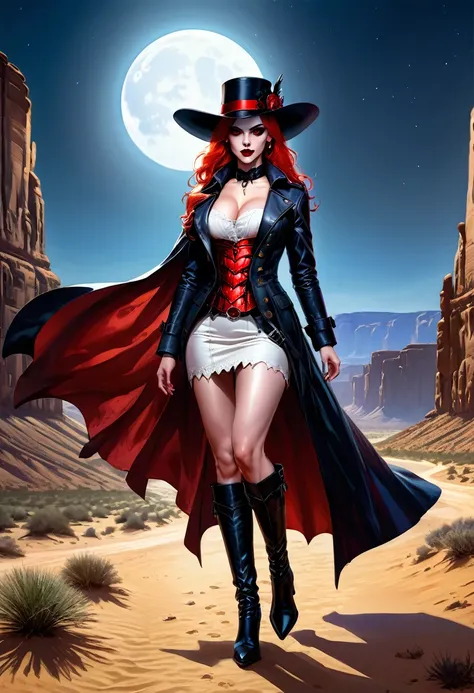 (19th century photograph style: 1.5) picture of a female vampire cowboy in the desert night, a goth beauty, exquisite beautiful female vampire, ((anatomically correct: 1.5), (ultra detailed face: 1.2), best detailed face, red glowing eyes, full body, busty...