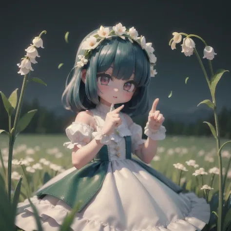 (masterpiece:1.2, ultra detailed,1.5, unity 8k wallpaper, detailed finger:1.2), lily of the valley:1.5, girl, adorable, dress, n...