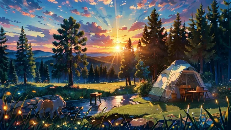 beautiful sunset, lover couples drinking coffee in chair facing the sun, BREAK (artwork, best quality:1.2), outdoors, Nature, forest, pine trees, grass, tall grass, detailed grass, plants, day, Clouds , caravan, dog, tent, cafe