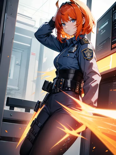 nilou from genshin impact game, 1girl, as a police lady,  wearing a police outfit, at a police station, orange colour hair, 8k, ...