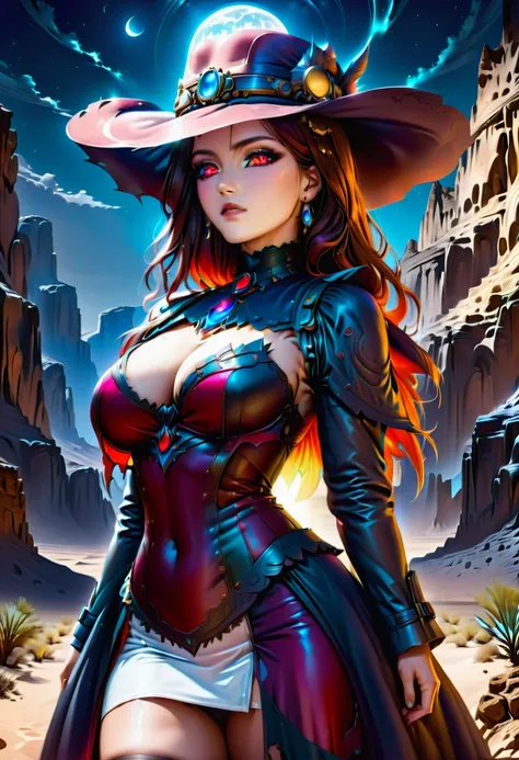 (Victorian photograph style: 1.5) picture of a female vampire cowboy in the desert night, a goth beauty, exquisite beautiful female vampire, ((anatomically correct: 1.5), (ultra detailed face: 1.2), best detailed face, red glowing eyes, full body, busty, w...