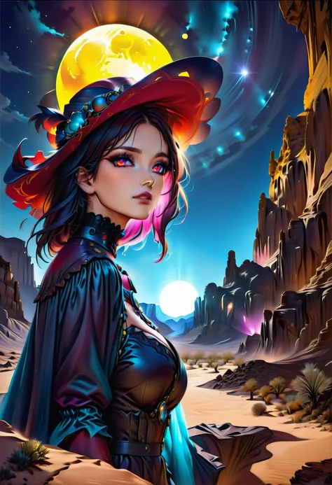 (Victorian photograph style: 1.5) picture of a female vampire cowboy in the desert night, a goth beauty, exquisite beautiful female vampire, ((anatomically correct: 1.5), (ultra detailed face: 1.2), best detailed face, red glowing eyes, full body, busty, w...