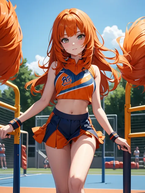 nilou from genshin impact game, 1girl, as a cheerleader, wearing cheerleader outfit, at a playground , orange colour hair, 8k, h...