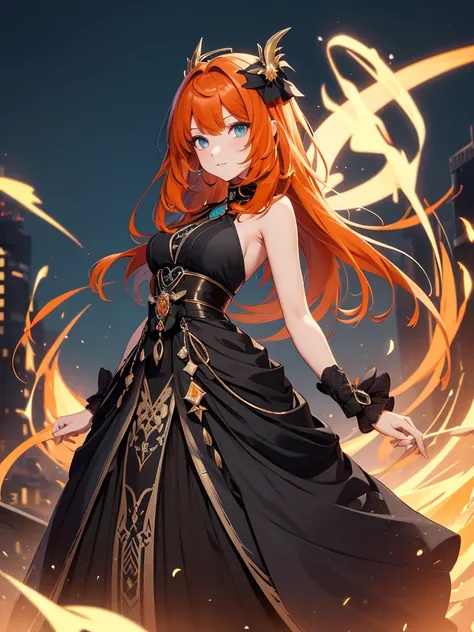 nilou from genshin impact game, 1girl, wearing a black colour party frock, at a night party, orange colour hair, 8k, high detail...