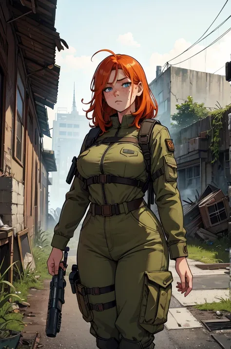 cute ginger girl, thick, thick thighs, busty, freckles, survival gear, apocalypse, dirty clothes, dirty face, messy hair, in a d...